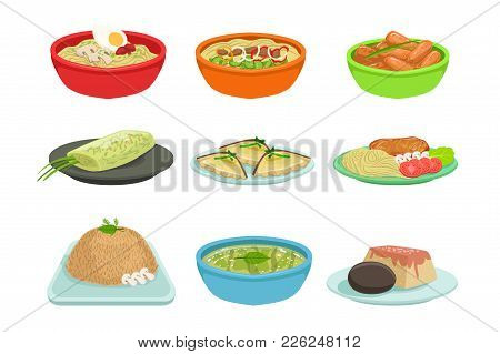 Asian Food Famous Dishes Illustration Set. Traditional Cuisine Restaurant Menu Plates In Simplified 