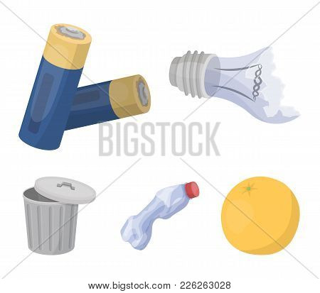 Broken Light Bulb, Used Batteries, Breaking A Plastic Bottle, Garbage Can With A Sign.garbage And Tr
