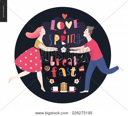 Love, Spring, Breakfast Lettering Composition And A Couple Running Towards To Each Other