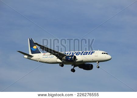 Amsterdam The Netherlands - July 7th 2017: Ts-inq Nouvelair Tunisie Airbus A320 Approaching Schiphol