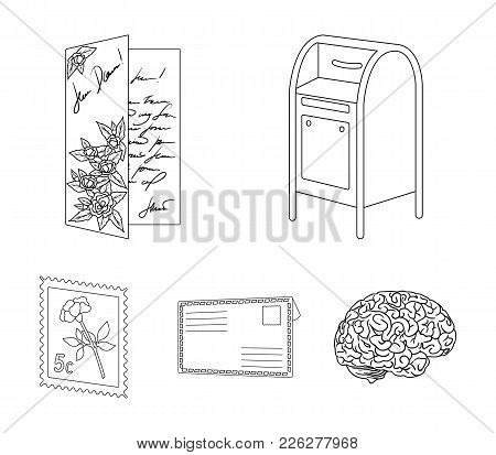 Mailbox, Congratulatory Card, Postage Stamp, Envelope.mail And Postman Set Collection Icons In Outli