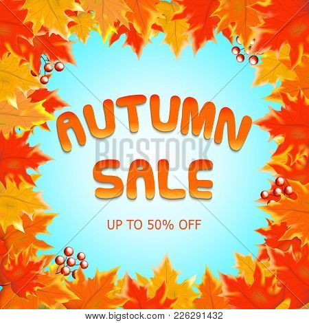 Autumn Sale Vectordesign With Autumn Sale Text In Blue Background And Collection Of Fall Seasonal Le