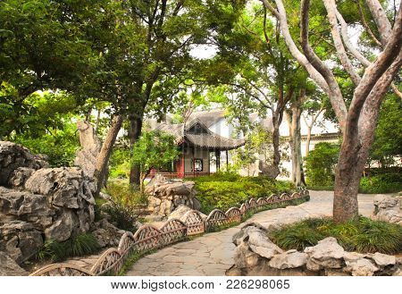 Pavilion in Humble Administrator's Garden in Suzhou, China. Summer day