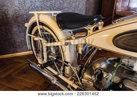 Lucni Bouda, Czech Rep - February 8, 2018. White Bmw R71 1939. Historical Motobike Bmw R71. Closeup 