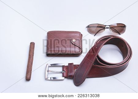 Men's Accessories For Business And Rekreation. A Professional Studio Photograph Of Men's Business Ac