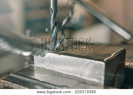 Metal Drilling Closeup. Metal Workshop.  Metal Workshop.
