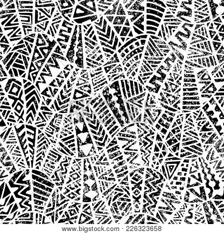 Seamless Geometric Pattern. Ornament In Patchwork Style. Grunge Texture. Ethnic And Tribal Motifs. B