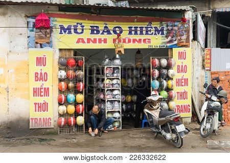 Hanoi, Vietnam - Mar 15, 2015: Exterior Facade View Of A Motorcycle Helmet Shop In Chua Boc Street, 