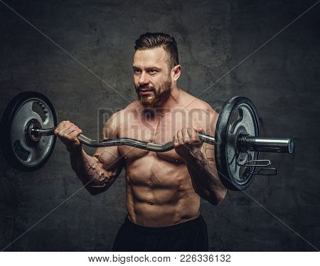 Awesome Bodybulder Doing Biceps Workout With Barbell.