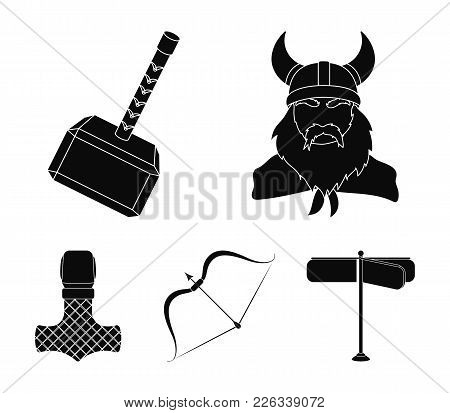 Viking In Helmet With Horns, Mace, Bow With Arrow, Treasure. Vikings Set Collection Icons In Black S