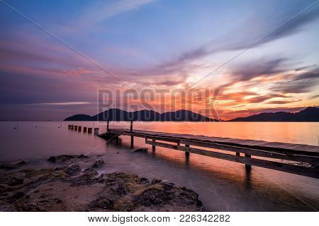 Beautiful View Of Sunset At Lumut,perak,malaysia. Soft Focus, Blur Due To Long Exposure. Visible Noi