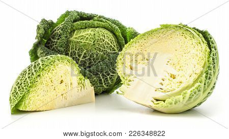 Savoy Cabbage Set Isolated On White Background One Fresh Green Head One Cut Half And A Quarter Slice