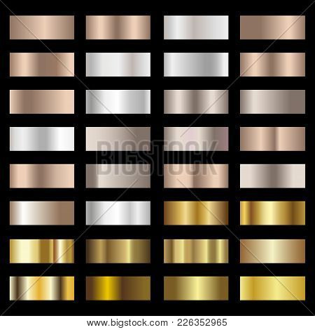 Set Of Silver, Bronze And Gold Foil Texture Gradation Background. Vector.
