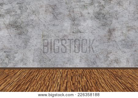 Room Perspective, Grunge Grey Concrete Wall And Wooden Plank Grou