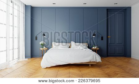 Vintage Modern  Interior Of  Bed Room, Wood  Bed  With Wall Lamp On  Parguet Flooring And Dark Blue 