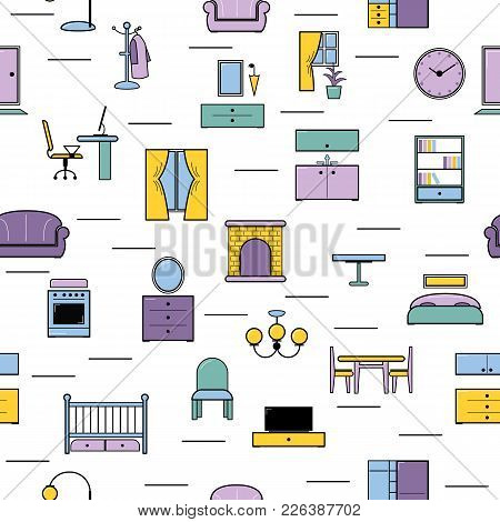 Furniture Seamless Pattern Vector Furnishings Design In Interior Of Bedroom Or Living Room With Sofa