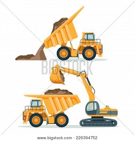 Dump Truck With Body Full Of Soil And Modern Excavator. Load And Unload Process Of Big Yellow Indust