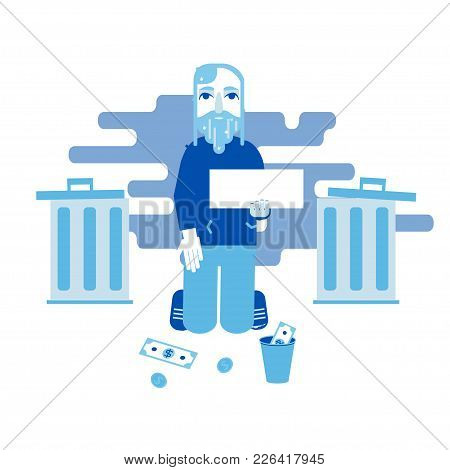 Homeless Bearded Man In Dirty Old Clothes With Blank Tablet In Hand Begging For Money. Stock Vector 
