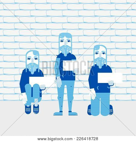 Three Homeless Bearded Men In Dirty Old Clothes With Blank Tablet In Hand Begging For Money. Stock V