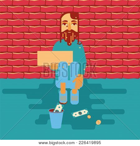 Homeless Bearded Man In Dirty Old Clothes With Blank Tablet In Hand Begging For Money. Stock Vector 