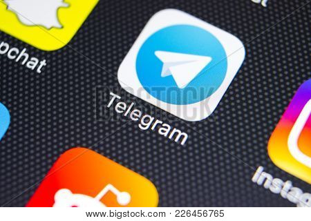 Sankt-petersburg, Russia, February 9, 2018: Telegram Application Icon On Apple Iphone X Screen Close