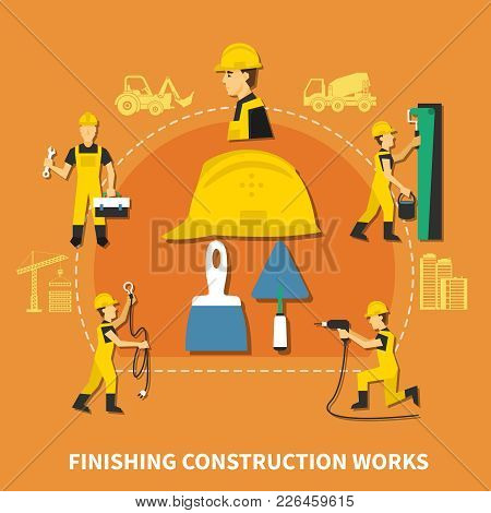 Colored And Flat Construction Worker Composition With Finishing Construction Works Steps Description