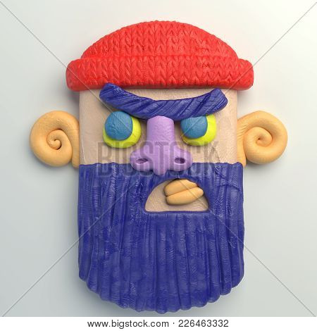 3d Rendering Of Stylized Cartoon Head. Colorful Plasticine Figure. Realistic Clay Model. Isolated On