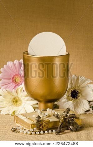 First Holy Communion Composition On Beige Sackcloth Background.