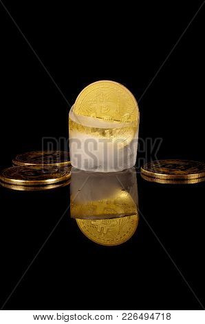 Golden Bitcoin Frozen In The Ice As A Concept Of Restrictions
