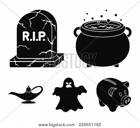 A Witch's Cauldron, A Tombstone, A Ghost, A Gin Lamp.black And White Magic Set Collection Icons In B