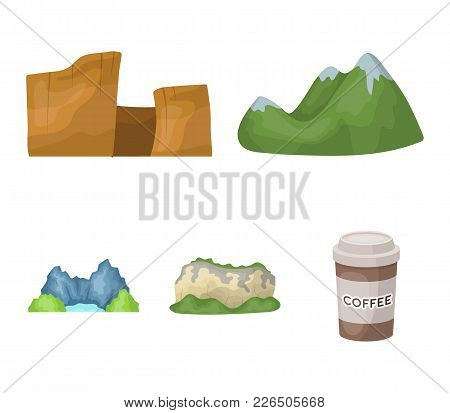 Green Mountains With Snow Tops, A Canyon, Rocks With Forests, A Lagoon And Rocks. Different Mountain