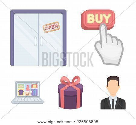 Hand, Click, Elevator, Gift, Box, Door, Online Store And Other Equipment. E Commerce Set Collection 