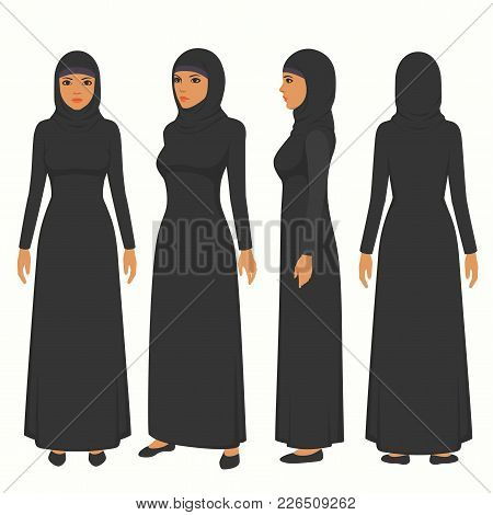 Muslim Woman Illustration, Vector Arab Girl Character,  Saudi Cartoon Female, Front, Side And Back V