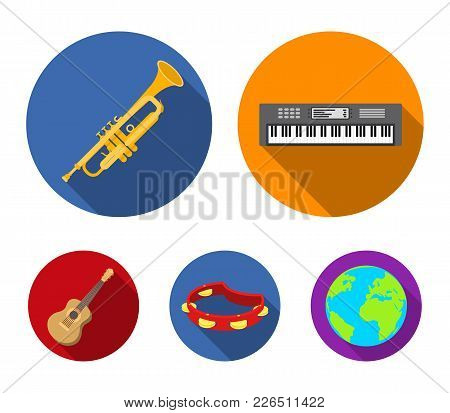 Electro Organ, Trumpet, Tambourine, String Guitar. Musical Instruments Set Collection Icons In Flat 