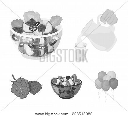 Fruit, Vegetable Salad And Other Types Of Food. Food Set Collection Icons In Monochrome Style Vector