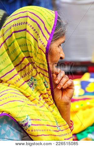 Agra, India - November 10: Unidentified Woman (portrait) Stands At Kinari Bazaar On November 10, 201
