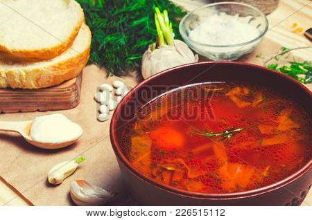 Traditional Ukrainian Borsch, Red Beet Soup, Borshch With Beet, Ukrainian And Russian National Food