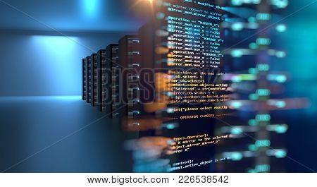 Server Room 3D Illustration With Node Base Programming Data  Design Element.