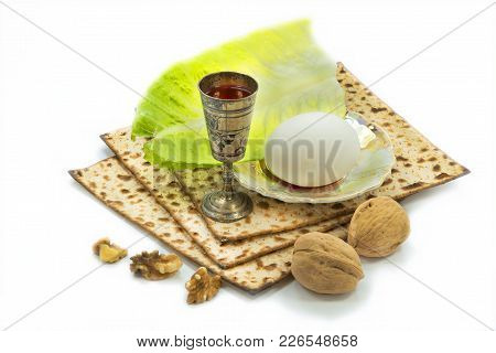 Traditional Food (matzah, Eggs, Nuts, Greens And Drink) For Jewish Passover Holiday