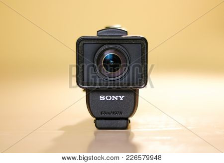 Krasnoyarsk, Russia - February 09, 2018: Sony Fdr-x3000. White Action Camera. Underwater Case.