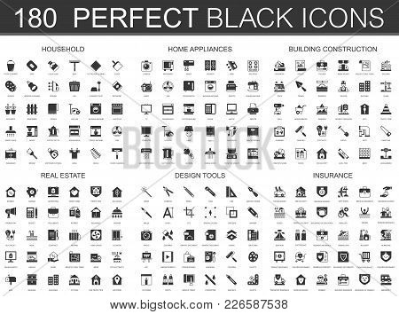 Household Home Appliances Building Construction Real Estate Design Tools Insurance Black Mini Icons Concept Symbols Modern Vector Icon Pictogram Poster Id 226587538