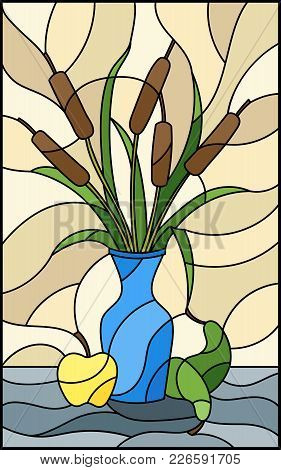 Illustration In Stained Glass Style With Bouquets Of Bulrush  In A Blue Vase , Pears And Apples On T