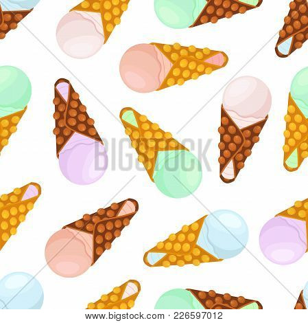 Vector Seamless Pattern Of Ice Cream. Vanilla, Sundae In Belgian Waffle, Sweet Dessert For Summer. M