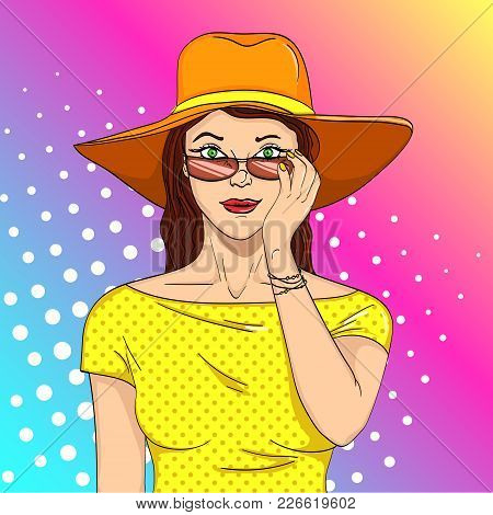 Woman Looks Through Sunglasses Pop Art Retro Vector Illustration. Comic Book Style Imitation.