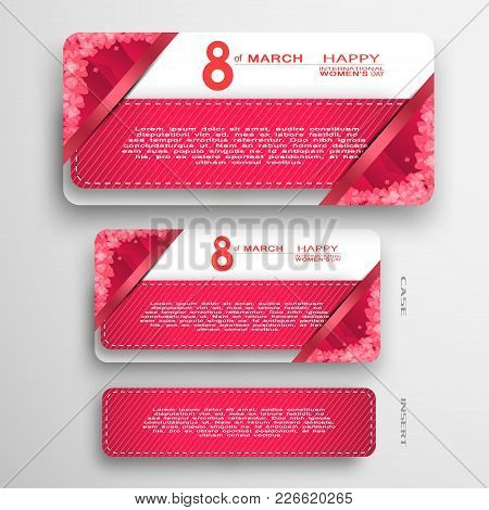Vector Set Of Red Greeting Card For International Women's Day Insert In White And Red Case With Pock
