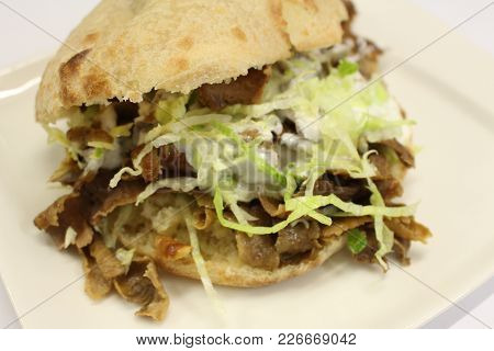 Pita Doner. Pita Kebab. Doner With Meat In Pita. Turkish Doner Sandwich.