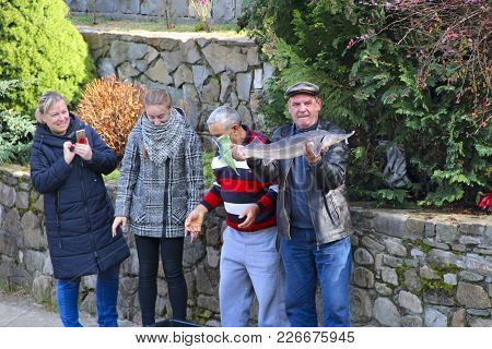 Kosiv Ivano-frankivsk Region/ Ukraine - 27 October 2017 / Ukraine: A Man Shows A Caught Sterlet To W