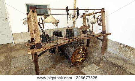 Peniche, Portugal - October 8, 2017: View Of The Pathetic Torture Table Used Between 1934 And 1974 I