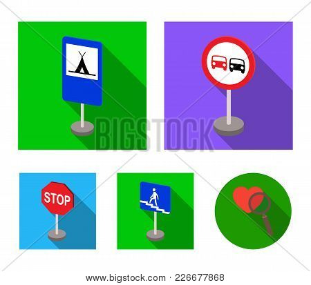 Different Types Of Road Signs Flat Icons In Set Collection For Design. Warning And Prohibition Signs