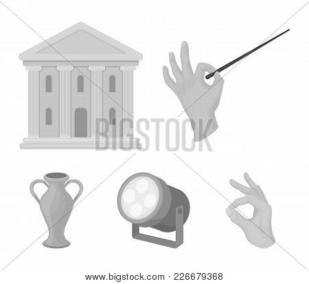 Conductor's Baton, Theater Building, Searchlight, Amphora.theatre Set Collection Icons In Monochrome
